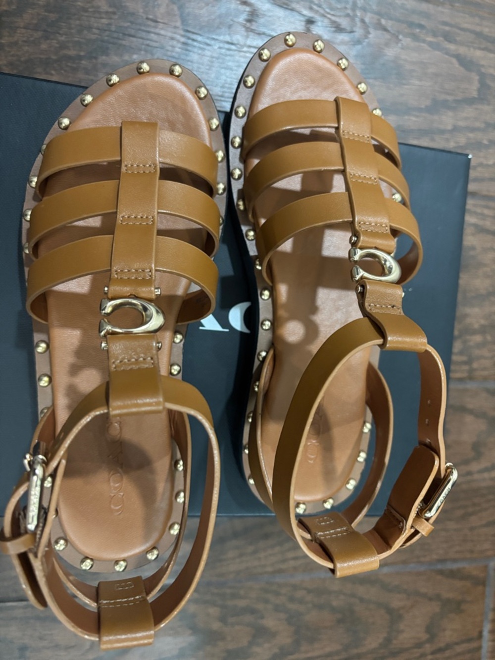 Coach Tan Leather Gladiator Sandals with Gold Studs size 5.5 - Picture 7 of 10